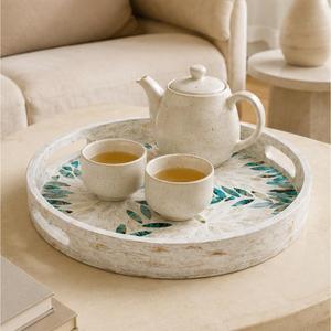 Bandeja Decorativa de Mesa de Centro con Incrustaciones de Madreperla Ecológica Hecha a Mano, Moderna y Lujosa con Mosaico Floral para Servir - Product Image 2