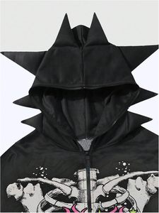 Victory <b>Punk</b> Style Hooded Zipper <b>Jacket</b> With Skeleton Print And Flame Design Men's Oversized Streetwear Black - Product Image 4