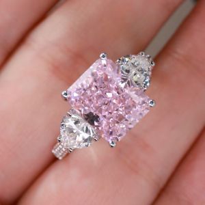 Bague de fiançailles en or massif rose avec pierre latérale, diamant en or blanc, bague fine, bijoux de mariée en saphir, cadeau pour femme - Product Image 4