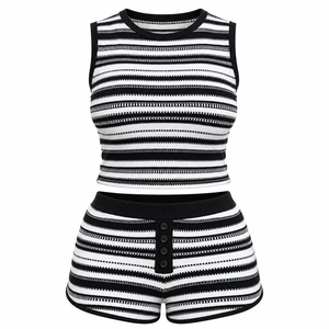 Women's Striped Sleeveless Skinny Fit Yarn Dyed 100% Cotton <b>Short</b> Length <b>Top</b> & Bottom Rib Anti-Pilling <b>Sets</b> - Product Image 1