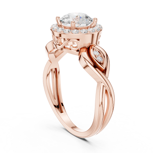 Anillo de Compromiso de Oro Rosa con Halo Redondo de Diamantes y Banda Floral de Hojas para Mujer - Product Image 1