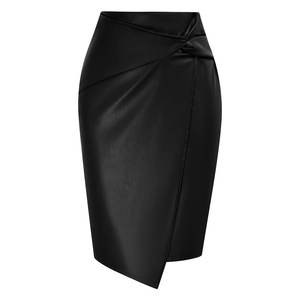 Falda Midi de Punto con Cintura Alta y Diseño Cruzado en Piel Sintética para Mujer, Estilo Casual de Negocios - Product Image 1