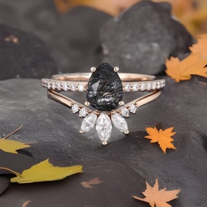 <b>925</b> Sterling <b>Silver</b> Women Pear Natural Pear shaped Black Rutilated Quartz Engagement <b>Ring</b> Marquise Cut Band <b>Rings</b> Anniversary - Product Image 3