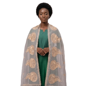 Châle en mousseline gris pour femme, brodé de fleurs, orné de strass et de bordure dorée, léger, respirant, style ethnique Moyen-Orient, été - Product Image 1