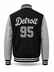 Veste universitaire unisexe noire avec manches en laine grise, broderie lettre D, style streetwear, col rabattu, patchwork décontracté pour l'hiver - Product Image 2