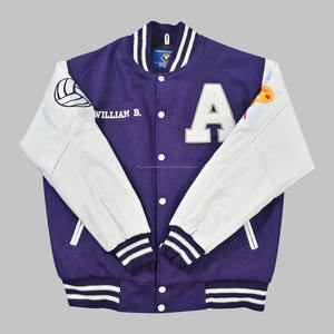 <b>Wool</b> Body and Genuine Cowhide Leather Sleeves Purple and <b>White</b> Letterman Varsity Jacket - Product Image 3