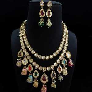Ensemble de collier Kundan pour femmes, plaqué or, 2 couches, zircon multicolores, pour mariage traditionnel, fiançailles, soirée - Product Image 1