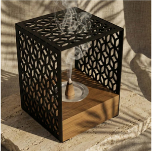 Luxury Arabic Mabkhara Modern <b>Bakhoor</b> Burner with Geometric Brass Jali and Solid Wooden Base Premium <b>Oud</b> Incense Holder for Sale - Product Image 4