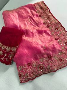 Designer Beautiful Sequence Embroidery Work Space <b>Satin</b> <b>Saree</b> With Worked Contrast Unstitched Blouse Piece - Product Image 4
