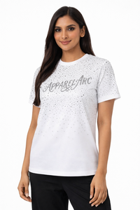 Camiseta Rosa con Pedrería para Mujer, Camiseta Informal de Algodón, Logotipo Personalizado, Ropa Brillante para Mujer, Proveedor Mayorista OEM - Product Image 4