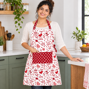 Sai Impex Printed <b>Apron</b> Coffee Pattern Red <b>White</b> Cotton Kitchen Hotel Restaurant Use Modern Style Sustainable Anti- Washable - Product Image 1