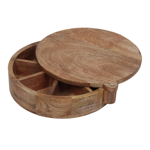 Elegant Round Wooden Masala <b>Storage</b> <b>Chest</b> with Multi Section Interior Hinged Cover and Compact Kitchen Countertop Design - Product Image 3