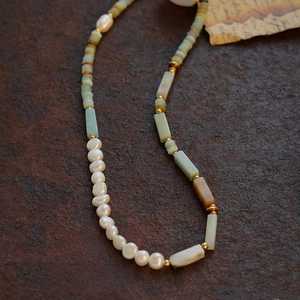 Boho Layered Necklace Green Stone 925 Sterling Silver 14K Gold Plated <b>Beaded</b> Gold Charm Pearl Turquoise Necklace - Product Image 2