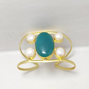 <b>Gemstone</b> Cuff <b>Bracelet</b> with Pearls and Green Onyx Gold Adjustable Open Bangle Design Fashion Cuff <b>Bracelets</b> - Product Image 5