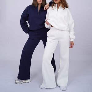 Custom Women's Quarter <b>Zip</b> Sweatshirt and Wide Leg Pants Tracksuit Premium Fleece Lounge Set OEM ODM Private Label Apparel - Product Image 5