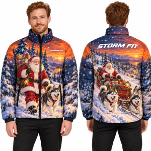 Chaqueta acolchada azul de Navidad para hombre con sublimación de Papá Noel, cortavientos, con cremallera, cuello alto, informal, para invierno, aislada y acolchada. - Product Image 5