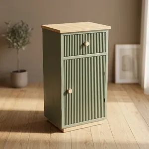 Meuble de salle de bain vert minimaliste avec plateau en bois et poignées en bois, design de rangement - Product Image 6