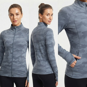 Slim Fit Ladies Polyester Spandex Jacket <b>Thumb</b> Loop Yoga Training Jacket Camo Print Workout Zipper <b>Top</b> Ladies Fitness Jackets - Product Image 5
