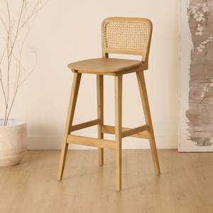Modern Teak Wood Barstool with Rectangular Rattan Webbing Backrest - Product Image 1