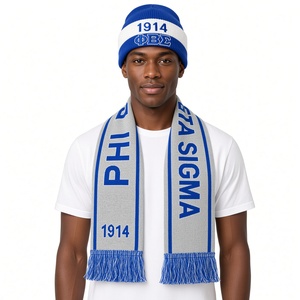 Conjunto de Bufanda y Gorro de Punto con Letras Griegas en Gris y Azul Rey para Hombre Phi Beta, Colección D9 1914, Bufanda con Flecos Cálida para Invierno - Product Image 1