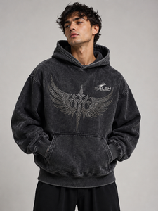 Sweat à capuche surdimensionné personnalisé délavé à l'acide, en coton épais 500 GSM, avec motif graphique en strass, style streetwear, pull, OEM ODM en gros - Product Image 1