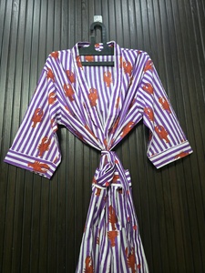 Robe longue pour femme à rayures violettes et imprimé homard, col en V, manches trois quarts, 100% coton, peignoir décontracté en tissu doux tissé - Product Image 4