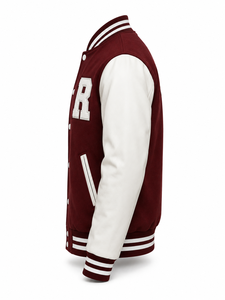 Veste universitaire unisexe marron avec manches en cuir blanc, patchwork brodé lettre R, style streetwear, col rabattu, hiver - Product Image 4