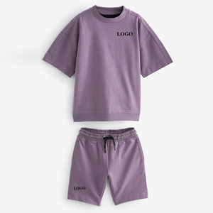Ensemble décontracté unisexe violet 2 pièces : T-shirt et short de sport couleur unie à manches courtes et col rond – Tenue d'été - Product Image 1