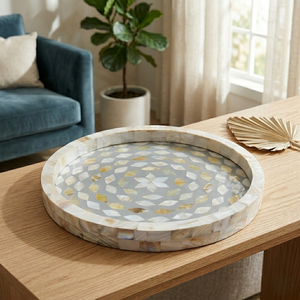 Handmade Mother of Pearl Shell Tray Round Decorative Serving Tray with Grey Resin Base Luxury <b>MOP</b> Inlay Tray for Home Decor - Product Image 4