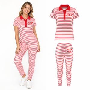 Ensemble de yoga rayé 2 pièces pour femmes, personnalisé, vente en gros, avec t-shirt court boutonné et legging capri - Collection 2026 - Product Image 1