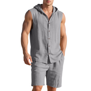 Men's 2 Piece <b>Linen</b> Outfit Sleeveless Hooded Button Shirt and Loose Straight <b>Shorts</b> for Everyday Wear - Product Image 5