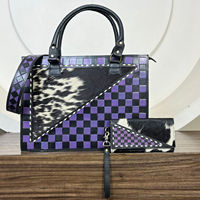 Sac fourre-tout en cuir de vachette artisanal de qualité supérieure avec pochette assortie, motif à carreaux, ensemble de 2 pièces pour femmes