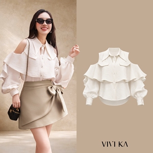 Women's Ivory Cold Shoulder Ruffle Blouse <b>Layered</b> Flounce Long Sleeve Chiffon Shirt Elegant Feminine Casual <b>Top</b> STELA - Product Image 1