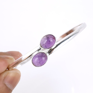 Wholesale Handmade 925 Sterling Silver Plated Natural Amethyst Gemstone Two <b>Stone</b> Oval Cabochon Bypass Bangle <b>Bracelet</b> Elegant - Product Image 5