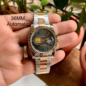 Montre mécanique automatique bicolore en acier inoxydable, cadran romain vert, lunette cannelée, affichage de la date, édition limitée, haute qualité - Product Image 1