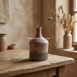 Jarrón de Cerámica Rústico Color Gris Oscuro Rojizo Terracota, con Cuello de Botella y Diseño Acanalado, para Mesa, Vaso para Plantas, Exportador Mayorista - Product Image 6