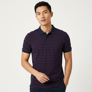 Polo de Punto a Rayas para Hombre, Manga Corta, Corte Regular Informal, Patrón Azul Marino y Rojo - Product Image 6