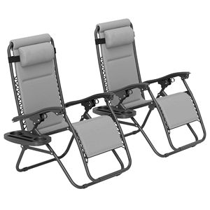 Set di 2 Sedie a Sdraio Grigio Chiaro a Gravità Zero, Reclinabili e Pieghevoli per Piscina con Poggiatesta e Vassoio Laterale in Ferro - Product Image 1