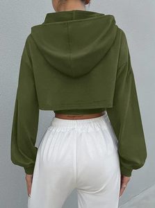 Sudadera con capucha corta verde oliva con detalle recortado, hombros caídos, manga larga, color sólido, informal, para otoño, para mujer - Product Image 3