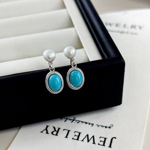 Boucles d'oreilles pendantes en argent pur, turquoise bleu rétro, Zhuji Danshui, bijoux fins et tendance - Product Image 1