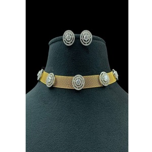 Stylish Premium Quality Gold Plated Next To Real Moissanite Doublet Choker <b>Necklace</b> With Earrings & Adjustable Doublet <b>Ring</b> Set - Product Image 1