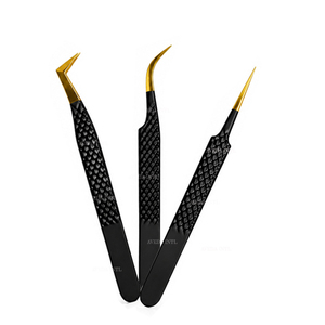 Pinzas de Precisión para Extensión de Pestañas de Acero Inoxidable con Punta Dentada, Herramienta para Pestañas de Volumen en Dorado y Negro - Product Image 1