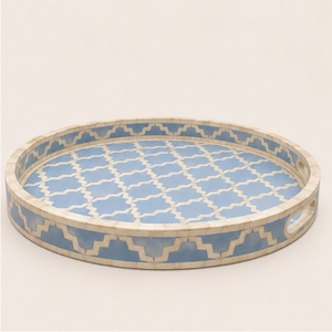 Round Bone Inlay <b>Decorative</b> Tray Luxury <b>Moroccan</b> Pattern Wood Serving Platter for Coffee Table Centerpiece Hotel Tableware - Product Image 1