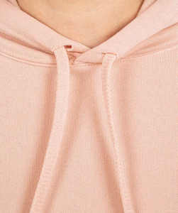 Sudaderas largas de terciopelo rosa con capucha para mujer al por mayor, diseño de hombros caídos, mangas abullonadas, 100% algodón, con logo personalizado y estampado frontal. - Product Image 4