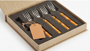 Ensemble de 4 fourchettes en acier inoxydable avec manche jaune floral, compatibles lave-vaisselle, idéal pour les fêtes et la cuisine - Product Image 6