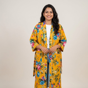 Robe Kimono en Coton Imprimé Floral Faite à la Main, Manches Longues, Légère, Ceinturée, pour la Détente, le Spa et les Resorts - Product Image 2