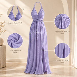 Robe longue élégante lavande à col halter avec ceinture ajustable, en tissu doux et respirant, fente stylée, idéale pour l'été, la plage, les soirées et les fêtes - Product Image 5