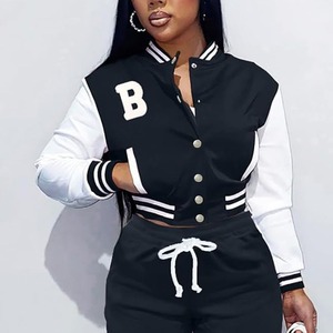 Chaqueta Varsity Unisex Negra y Blanca, Cortavientos, con Cuello Alto, Botones al Frente, Estilo Preppy, Corte Ajustado, para Otoño, Mezcla de Poliéster/Algodón - Product Image 4