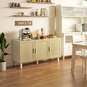 Credenza in Stile Villa con Ante in Rattan, 3 Porte e Ripiani Regolabili, Finitura Bianca e Naturale - Product Image 2