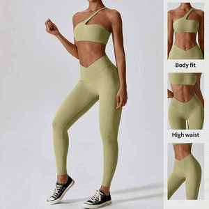 ชุดบราโยคะไร้ตะเข็บระบายอากาศสำหรับผู้หญิง พร้อมเลกกิ้งเอวสูงรัดรูป แบบไหล่เดียว คัทวี สำหรับออกกำลังกายที่ยิม - Product Image 5